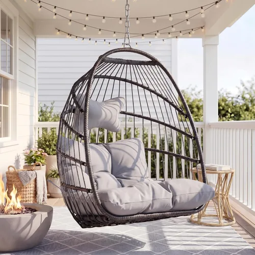 Miniatura 11 de Bulexyard Silla huevo al aire libre sin soporte, 159 kg plegable resistente al clima de ratán colgante con cojín, asiento tipo cesta mecedora Gris