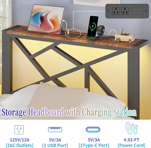 Miniatura 7 de ChicZhiNest Armazón de cama de metal negro tamaño twin con estación de carga USB, iluminación ambiental LED y cabecera de almacenamiento de madera