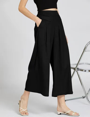 Miniatura 6 de Gihuo - Pantalones de pierna ancha de mezcla de lino para mujer cintura elástica pantalones estilo palazzo casuales con bolsillos