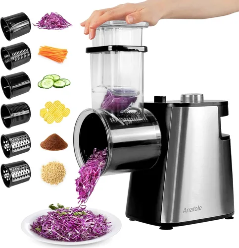 Anatole Rallador de queso eléctrico de acero inoxidable triturador de verduras 6 cuchillas 250 W salida de entrada grande sin BPA 110 V