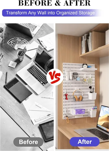Miniatura 7 de Set de Organizador de Pared con Tablero de Clavijas – 4 Tableros con Ganchos y Estantes – Organizador de Escritorio para Oficina, Cocina, Sala