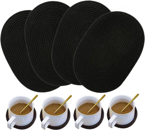 Paquete de 4 manteles individuales de tejido ovalado y juego de 4 posavasos redondos de tela, manteles resistentes al calor, antideslizantes, Negro