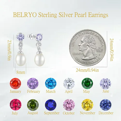 Miniatura 6 de BELRYO Aretes de perlas de plata de ley 925 con circonitas cúbicas con perlas cultivadas de agua dulce de 0.315 x 0.394 in para novia, madre, regalo