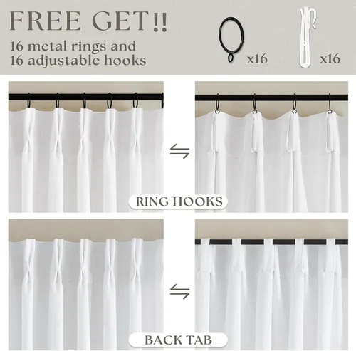 Miniatura 66 de Cortinas de lino natural con pliegues fruncidos de 120 pulgadas de largo para sala de estar, cortinas plisadas con ganchos y lengüeta trasera