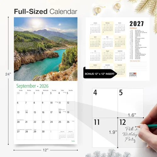 Miniatura 5 de RED EMBER Select - Calendario de pared cristiano 2026 Salmos con versículos de la Biblia 12 meses 12 x 24 pulgadas abierto Papel grueso