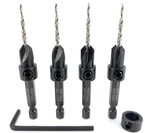 Miniatura 22 de FTG USA Juego de brocas avellanadoras de madera ajustable, 5 piezas, broca avellanadora #4 #6 #8 #10 #12 con broca cónica para carpintería