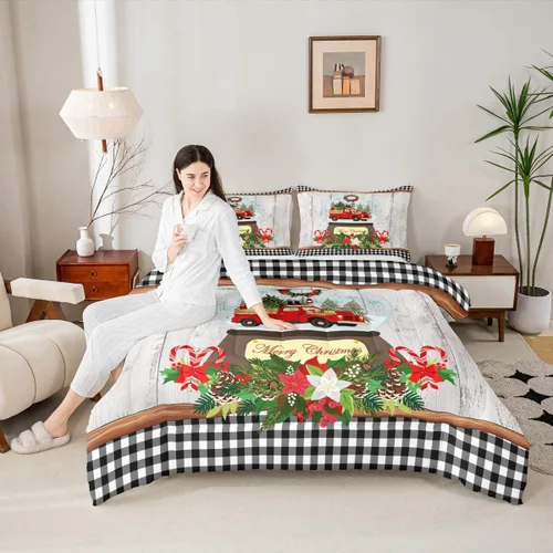 Miniatura 15 de Juego de edredón de Feliz Navidad para niños, tamaño twin, juego de ropa de cama de camión rojo árboles de pino copos de nieve, decoración