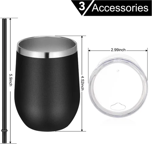 Miniatura 6 de VEGOND - Vaso de vino de acero inoxidable de 12 onzas con tapa y popote, vaso de vidrio de vino aislado de doble pared sin tallo, taza de café
