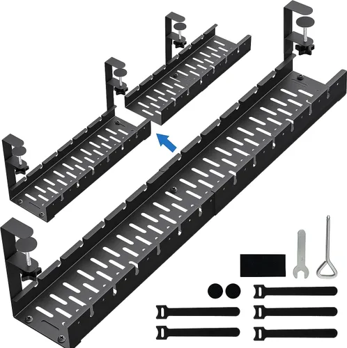 Miniatura 9 de Sin Perforación Extensible para Gestión de Cables Debajo del Escritorio, Bandeja de Gestión de Cables de Metal Debajo del Escritorio con Abrazadera