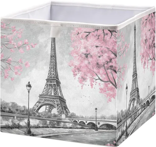 Cesta de almacenamiento plegable de árbol rosa de la Torre Eiffel de 11 x 11 x 11 pulgadas, cubo de almacenamiento para decoración del hogar, cesta