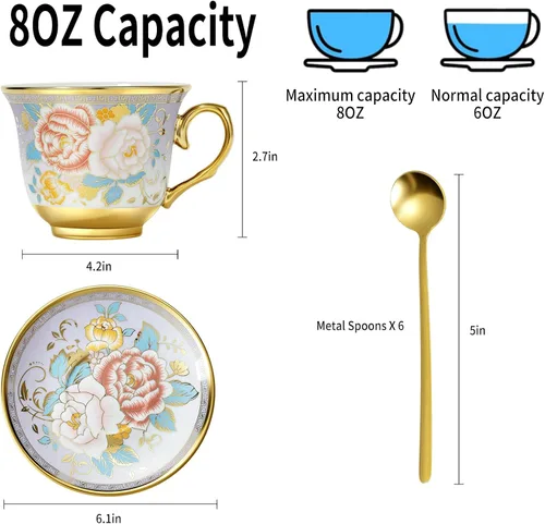 Miniatura 3 de Juego de 6 tazas de té y platillos florales de 8 onzas con cucharas, taza de cerámica y platillo para capuchino, expreso, café, café, café