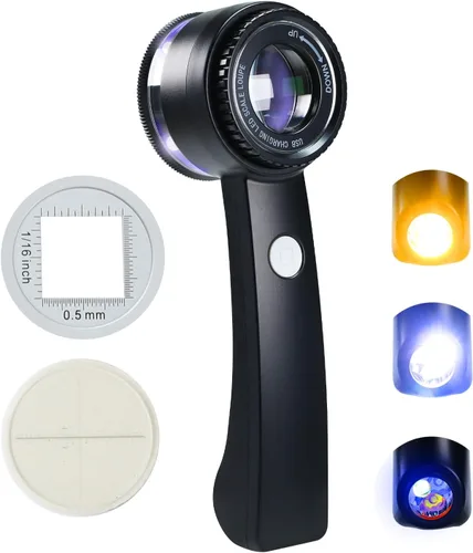 Lupa de lupa recargable de mano con luz LED, escala, lente K9 y 3 fuentes de luz fuertes, lupa de longitud focal ajustable, lupa de joyería para