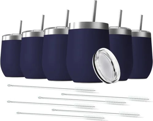 Miniatura 12 de Vaso de vino de 12 onzas con tapa con pajita, vaso de vino de acero inoxidable, vaso de vino de doble pared aislado al vacío, tazas de viaje sin