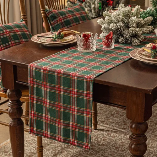 Miniatura 2 de Softalker Camino de mesa de tartán de Navidad a cuadros, color verde, resistente a las manchas, lavable, decoración de mesa de invierno