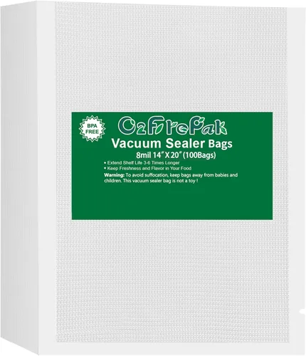 O2frepak 100 bolsas selladoras al vacío de tamaño grande de 14 x 20 pulgadas de 8 mil con libre de BPA y prevención de pinchazos, bolsas de sellado