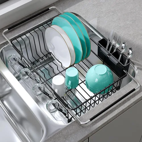 Miniatura 17 de JASIWAY - Escurridor extensible de acero inoxidable para usar sobre fregadero, encimera de cocina y dentro del fregadero, con portautensilios
