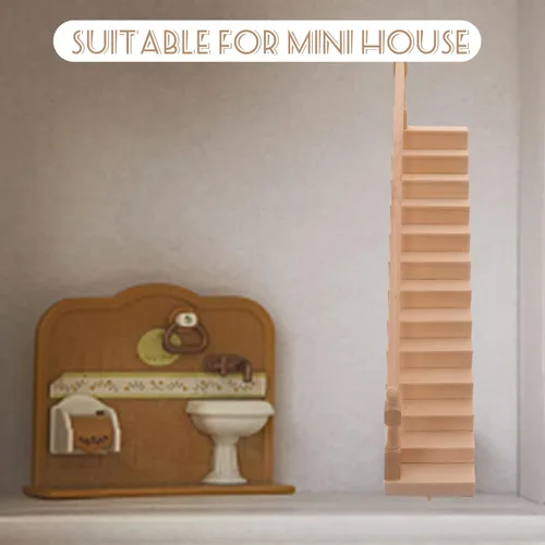 Miniatura 7 de DOITOOL Escalera en miniatura de 12 escalas con pasamanos izquierdos, sin pintar, accesorio de muebles de casa de muñecas de madera para bricolaje