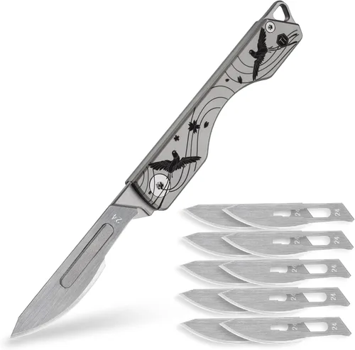 Miniatura 12 de KeyUnity KK01 Cuchillo plegable de titanio, cuchillo de bolsillo EDC con hoja reemplazable #24, para caza al aire libre, campamento, pesca