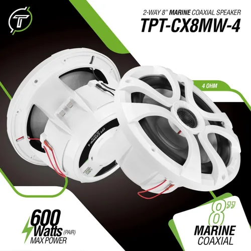 Miniatura 2 de Timpano Altavoces marinos de 8 pulgadas de 600 vatios por par TPT-CX8MW-4 altavoces coaxiales impermeables de 2 vías, 1 par, blanco, resistentes a
