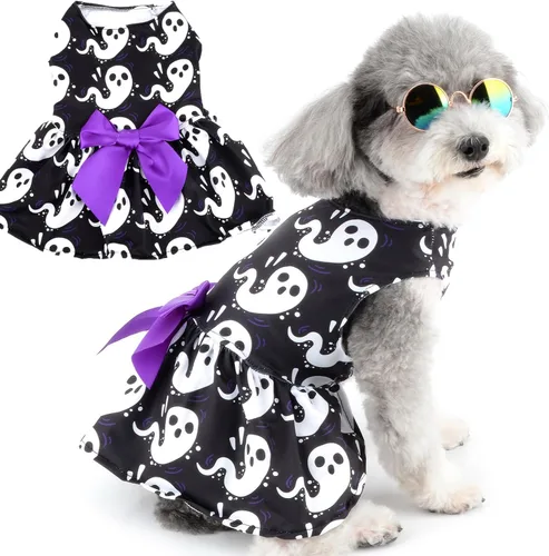 Zunea Vestidos de Halloween para perros pequeños, gatos, fantasmas, estampado de cachorros, disfraces de Halloween, falda suave para mascotas con