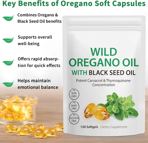 Miniatura 3 de Aceite de orégano con aceite de semilla negra, 6000 mg de cápsulas de aceite de orégano orgánico, cápsulas de suplemento de orégano, antioxidantes