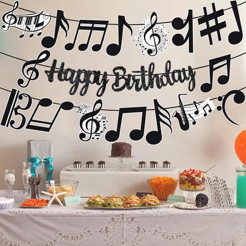 Miniatura 7 de Cartel de feliz cumpleaños con notas musicales, decoraciones de fiesta musical negra para tema de piano, suministros de baby shower