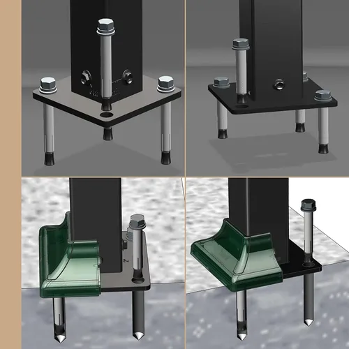 Miniatura 6 de Kit de brida de base de cerca de acero resistente para postes cuadrados de 1 pulgada, juego completo con 1 base, 1 cubierta entrelazada, 4 pernos