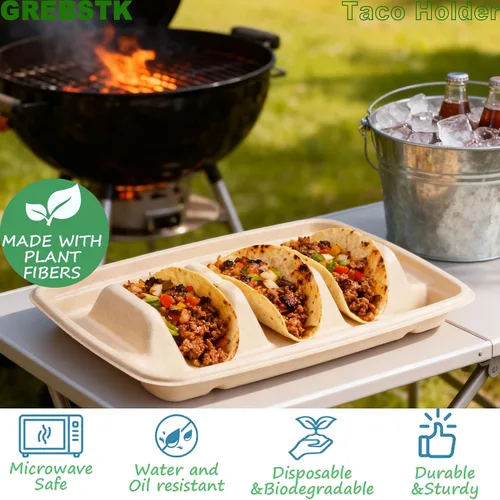 Miniatura 5 de GREBSTK Paquete de 30 soportes desechables para tacos, platos de taco de pulpa de bagazo compostables con 3 divisores para fiesta de tacos, juego