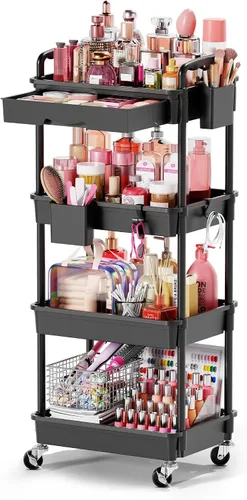Miniatura 9 de Goovilla Carrito Organizador de Maquillaje Rodante con Cajón Extraíble, Carrito de Almacenamiento de Cuidado de la Piel de 3 Niveles Estable Negro