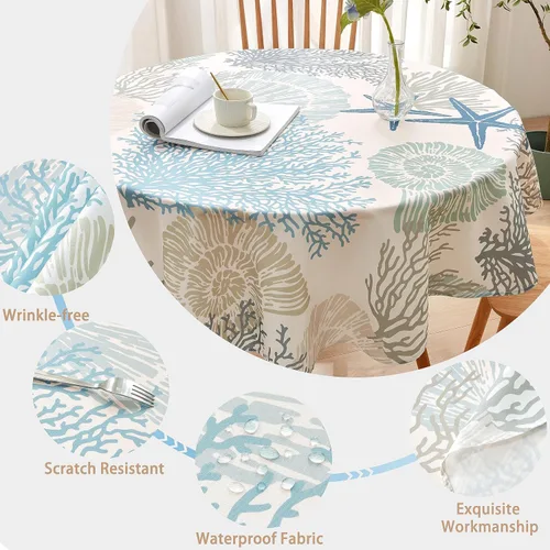Miniatura 3 de Mantel redondo náutico costero de 60 pulgadas – Mantel con estampado de océano de playa, impermeable, resistente a las manchas, sin arrugas