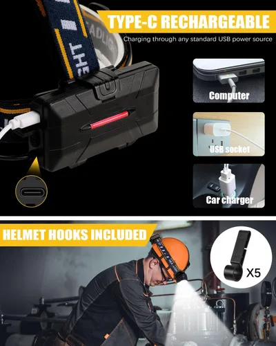 Miniatura 5 de Linterna frontal recargable, linterna frontal LED de 8 LED 18000 lúmenes 8 modos con luces blancas y rojas cable USB, lámpara de cabeza impermeable