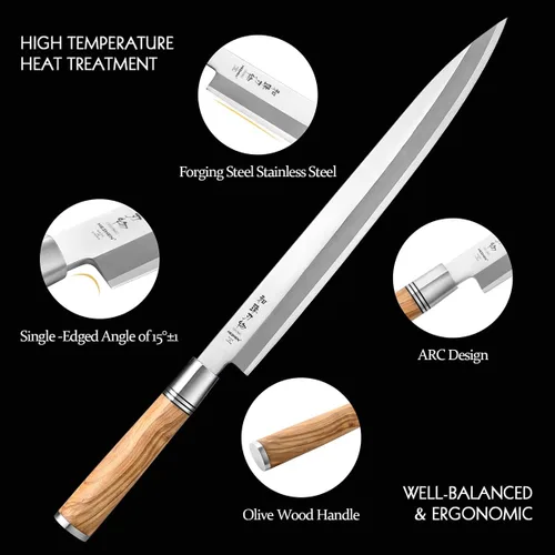 Miniatura 4 de HEZHEN Cuchillo Sashimi de 11.811 in, cuchillo de yanagiba de acero forjado, rebanado de sushi, estuche de cuchillo de mango de madera