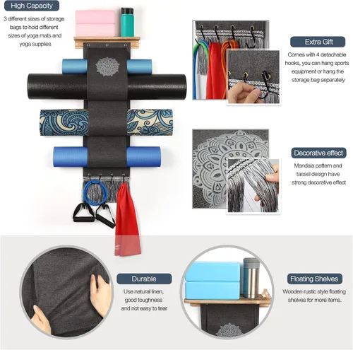 Miniatura 5 de VINAEMO - Soporte para esterilla de yoga, accesorios, organizador de montaje en pared, almacenamiento, decoración, rodillo de espuma y Negro