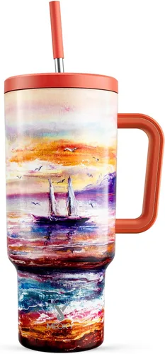 Miniatura 21 de Meoky - Vaso de 30 oz con asa, tapa y pajilla, taza de viaje térmica de acero inoxidable 100% a prueba de fugas, para portavasos, mantiene el frío