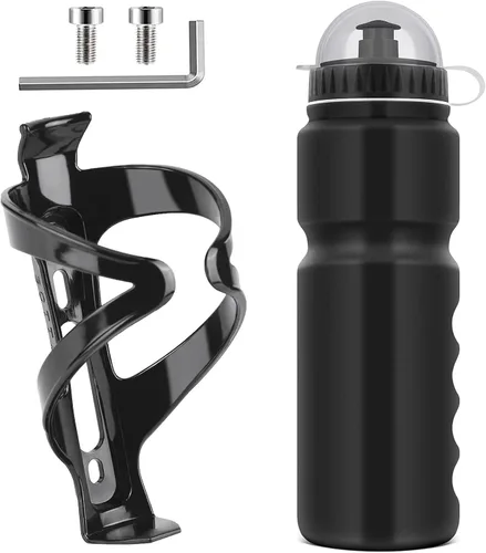 Ainiv Jaula para botella de agua para bicicleta con botella de bicicleta de 27.1 fl oz/28 onzas, negro brillante, fuerte soporte para botella de