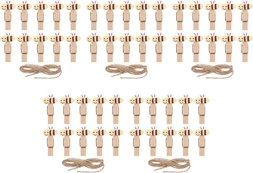 ABOOFAN 50 pinzas para la ropa con cordel de madera con clips de fotos de abeja para colgar fotos, ropa, manualidades, artes al aire libre e interior