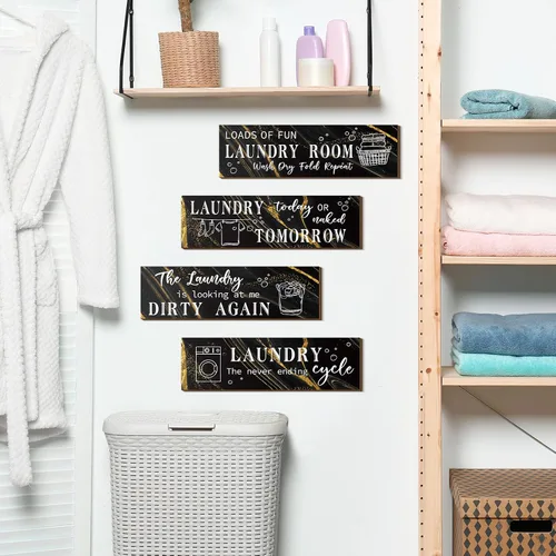 Miniatura 4 de Yulejo 4 piezas de decoración de pared para cuarto de servicio, divertido letrero de madera con citas humorísticas, decoración rústica de granja