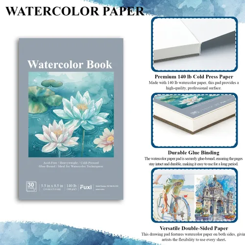Miniatura 4 de Fuxi Cuaderno de bocetos de acuarela pequeño, paquete de 2 – 5.5" x 8.5" Papel de acuarela prensado en frío de 140lb/300gsm, 30 hojas por bloc.