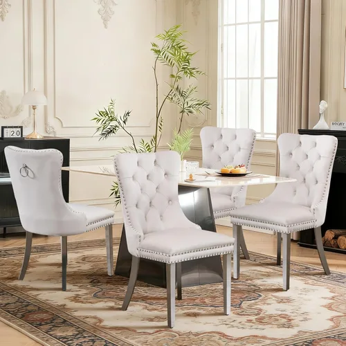 Miniatura 28 de Juego de 4 sillas de comedor de terciopelo, sillas de comedor tapizadas con ribete de cabeza de clavo y patas de madera maciza para cocina