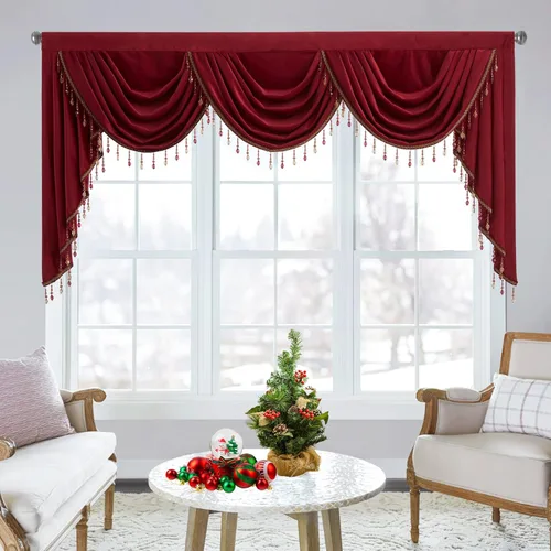 StangH Cenefa de cortinas de terciopelo rojo con cuentas de lujo para dormitorio, cenefas gruesas de cascada con bolsillo para cortinero para