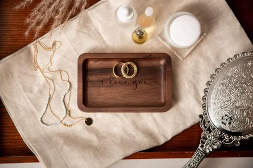 Miniatura 7 de MUUJEE Plato para anillos con texto en inglés "I love you" (I love you) - Bandeja rectangular de madera grabada para joyas de 5 años, ideas