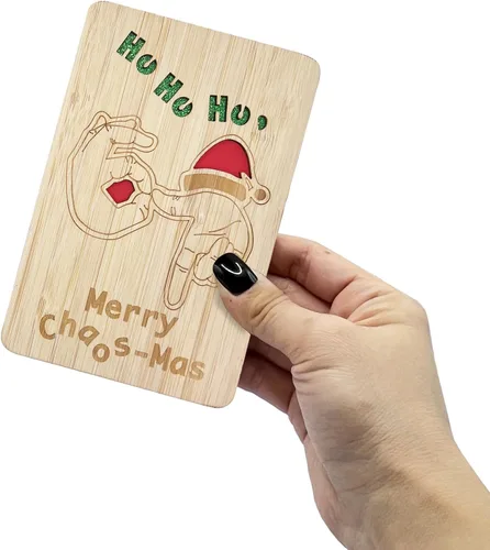 Miniatura 7 de 67 divertidas tarjetas de madera de Navidad, Ho Merry Chaos‑Mas, interior rojo en blanco para mensaje personalizado, regalo para familiares