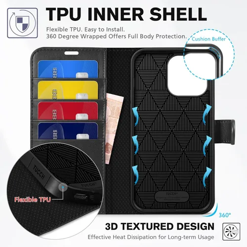 Miniatura 5 de Funda tipo billetera TUCCH para iPhone 14 Pro Max de 6.7", con bloqueo RFID, soporte para 4 tarjetas [carcasa interior de TPU a prueba de golpes]