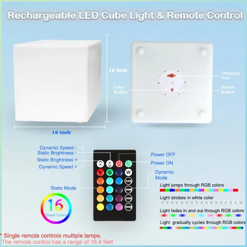 Miniatura 5 de Cubo de luz LED de 16 pulgadas, mesa de luz recargable con control remoto, 16 colores regulables, silla de lámpara de brillo regulable de 16