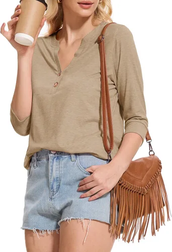 Miniatura 7 de Dimur Camisetas de manga 3/4 con cuello en V y botones para mujer, traje casual de negocios, camiseta básica de verano 2025