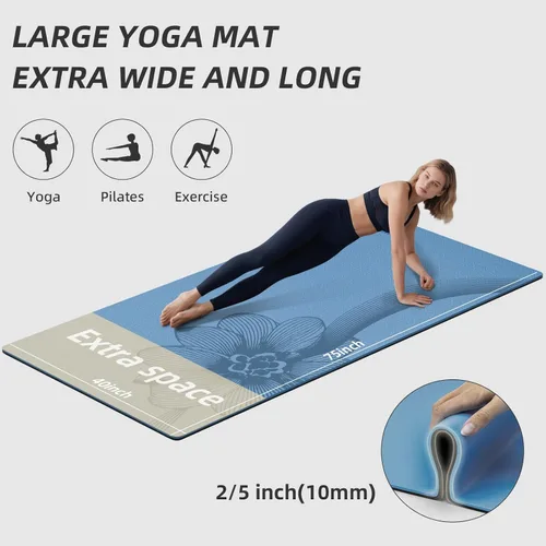 Miniatura 2 de Esterilla de yoga grande de 76" x 40" x 10 mm (2/5 pulgadas) – Extra gruesa y ancha, esterilla de fitness de TPE, esterilla de ejercicios Azul/Negro