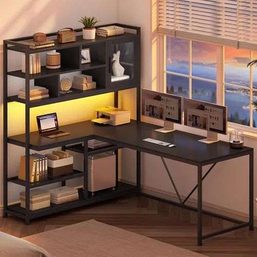 Miniatura 3 de SEDETA Escritorio para computadora en forma de L, escritorio de oficina de 58 pulgadas con luz LED y estantería, escritorio de esquina en forma de L