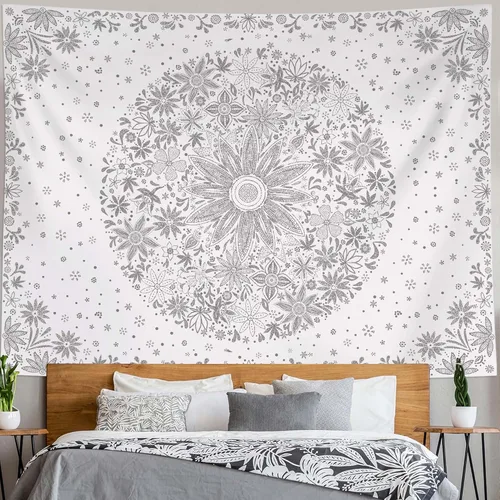 Miniatura 11 de Neasow Tapiz bohemio para colgar en la pared, tapiz floral blanco y negro con estampado de medallones de margaritas punteadas, para dormitorio