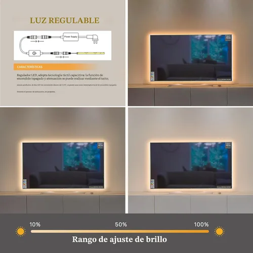 Miniatura 7 de Pandery Tira de LED COB, Tira de Luces LED 1M/3.28ft, Tiras LED Regulables por Toque, CRI90+, Luz COB LED Blanca Cálida 2700K, 960LEDs, Tira
