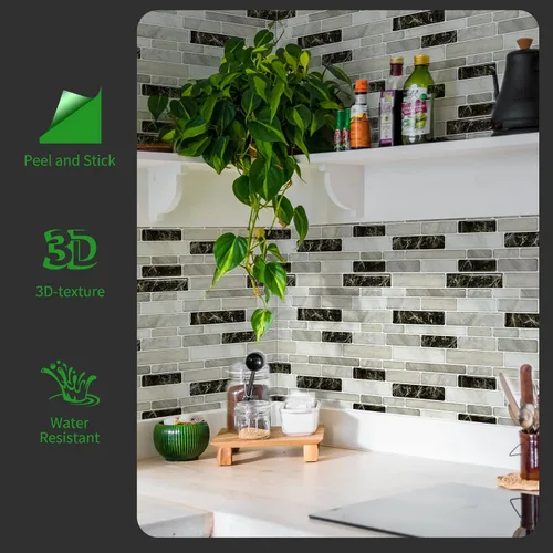 Miniatura 2 de LONGKING - Loseta en muro adhesiva para cocina con diseño de mármol (10 azulejos) (marrón claro)